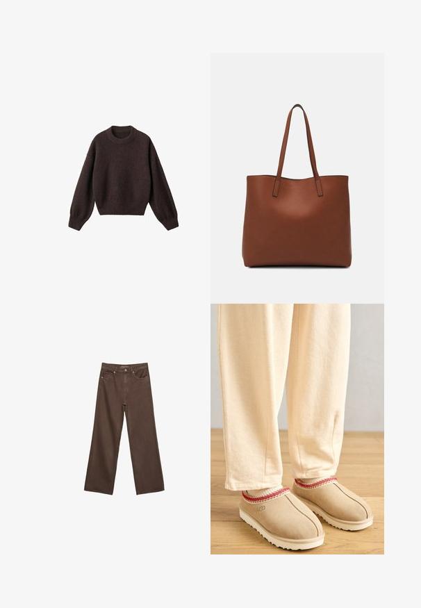 Bruine gebreide trui met een ronde halslijn, verlaagde schouders en geribbelde boorden. Zachte textuur, cropped ontwerp en losse pasvorm.; Brede bruine spijkerbroek van denim, met een hoge taille, voorzakken en een klassieke knoopsluiting. Soepele textuur met subtiele stiksels.; Tansuède klompen met een rode decoratieve rand en een witte rubberen zool, gecombineerd met lichtbeige broeken, geplaatst op een houten vloer.; Bruine leren tote bag met een gladde textuur, een ontwerp met een open bovenkant en twee schouderbanden. Kenmerkt zich door minimale stiksels en geen zichtbare hardware.