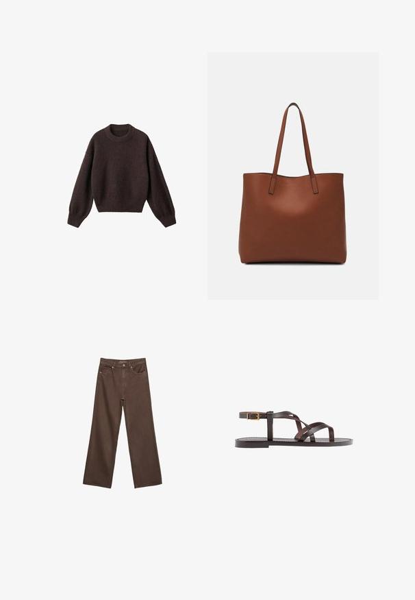 Brązowy sweter dziewiarski z okrągłym dekoltem, opadającymi ramionami i prążkowanymi mankietami. Miękka tekstura, krótki krój i luźny fason.; Szerokie brązowe dżinsy wykonane z denimu, z wysokim stanem, przednimi kieszeniami i klasycznym zapięciem na guzik. Gładka faktura z subtelnym przeszyciem.; Brązowe skórzane sandały z krzyżującymi się paskami, zapięciem na klamrę przy kostce oraz płaską podeszwą z minimalnymi detalami szycia.; Brązowa skórzana torba tote o gładkiej fakturze, z otwartym wierzchem i dwoma ramiączkami. Charakteryzuje się minimalnym przeszyciem i brakiem widocznych elementów metalowych.