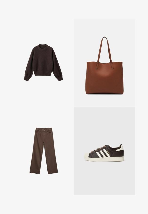 Brązowy sweter dziewiarski z okrągłym dekoltem, opadającymi ramionami i prążkowanymi mankietami. Miękka tekstura, krótki krój i luźny fason.; Szerokie brązowe dżinsy wykonane z denimu, z wysokim stanem, przednimi kieszeniami i klasycznym zapięciem na guzik. Gładka faktura z subtelnym przeszyciem.; Niskie trampki Adidas Superstar z ciemnobrązowej skóry z kremowym noskiem w kształcie skorupy, białymi paskami i napisem „Superstar” po boku.; Brązowa skórzana torba tote o gładkiej fakturze, z otwartym wierzchem i dwoma ramiączkami. Charakteryzuje się minimalnym przeszyciem i brakiem widocznych elementów metalowych.