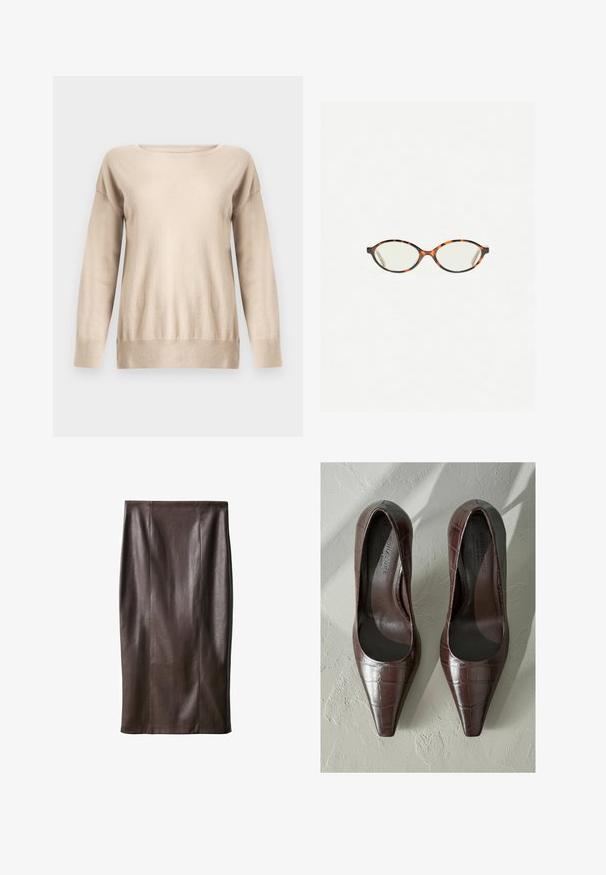 Beiger Pullover aus weichem Strickmaterial, mit rundem Ausschnitt, langen Ärmeln und lockerem Schnitt mit gerippten Bündchen und Saum.; Brauner Leder-Bleistiftrock mit glatter Textur, knielang, mit vertikalen Nähten zur Gestaltung. Keine zusätzlichen Beschläge oder Akzente.; Braune Lackleder-High Heels mit spitzem Zehenbereich, die eine Krokodilhaut-Textur und ein glattes Innenfutter aufweisen. Entworfen für ein elegantes Erscheinungsbild.; Schildpatt-Eyegläser mit ovalen Gläsern und einer eleganten, glatten Oberfläche. Mit dünnen Seiten und einer subtilen Kurve an den Schläfen. Klare Gläser.; Schwarze Leder-Umhängetasche mit glatter Textur, geschwungener Form und einem einzelnen verstellbaren Tragegurt, der goldene Beschläge und ein markenbezogenes Detail aufweist.