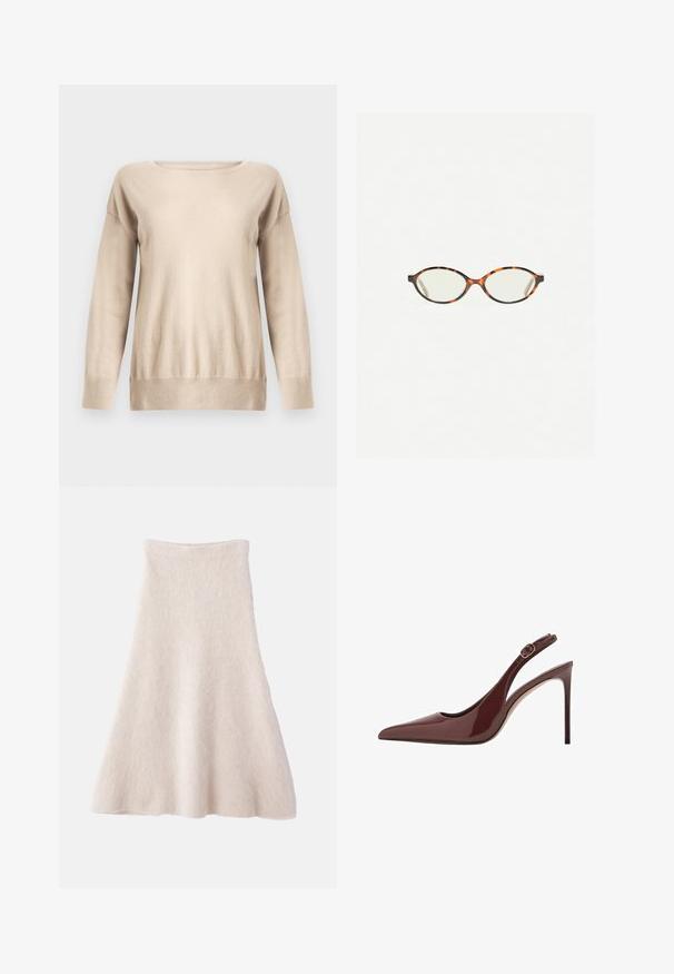 Beige-värinen neulepusero, joka on valmistettu pehmeästä neuloksesta. Siinä on pyöreä pääntie, pitkät hihat ja rento istuvuus, jossa on resorit hihansuissa ja helmassa.; Hame beige vaaleanruskea, A-linjainen, pehmeästä, teksturoidusta kankaasta, jossa on sileä vyötärö ja virtaava siluetti.; Tummanruskea patentoitu nahka, teräväkärkinen slingback-korkokenkä, jossa on säädettävä solki ja kapea stiletto-korko.; Kilpikonnakuosiset silmälasit, joissa on soikeat linssit ja tyylikäs, sileä pinta. Ominaisuudet: ohuet sivut, joissa on hienovarainen kaari temppeleissä. Kirkkaat linssit.