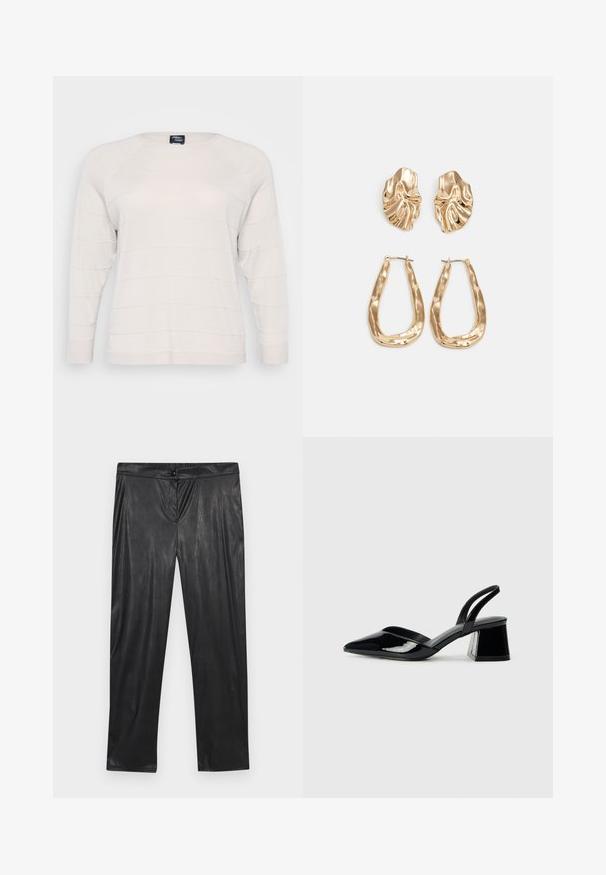 Light beige long-sleeve sweater with a round neckline and subtle horizontal ribbed texture. Soft, knit material with raglan sleeves.; Black faux leather trousers with a smooth texture, tapered legs, an elastic waistband, and a button detail at the front.; Black patent leather slingback heels with a pointed toe and a geometric block heel. Features a sleek, minimal design and smooth texture.; Gold-tone earrings featuring textured, wavy shapes. Includes sculptural clip-on studs and open hoop design with a hammered finish.