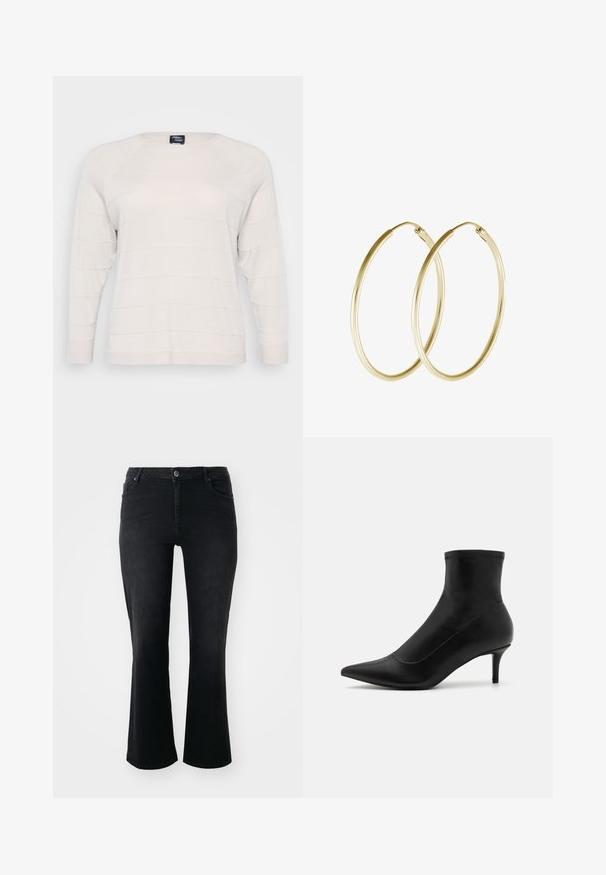 Light beige long-sleeve sweater with a round neckline and subtle horizontal ribbed texture. Soft, knit material with raglan sleeves.; Black denim jeans with a mid-rise waist, front button, two front pockets, two back pockets, and flared leg cut.; Black ankle boots made of smooth leather with a pointed toe and a short, thin heel. Features a seamless design and subtle stitching accents.; Gold hoop earrings featuring a smooth, rounded design with a shiny finish. Lightweight construction with a secure clasp closure.