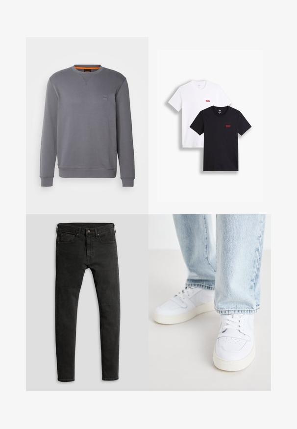 BOSS WESTART - Sweatshirt - dark grey; To korte ermesskjorter: en hvit og en svart. Begge laget av bomull med en rød Levi's-logo på brystet. Enkel rund hals-design.; Slanke svarte jeans i denim med matt finish, fem-lommers design og klassisk knapp- og glidelåslukking.; Hvite lær lave sneakers med perforert tå, flate lisser og minimalistisk design. Kombinert med lyseblå denimjeans.