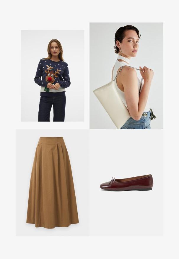Navy sweater featuring a reindeer design with a red nose, green scarf, and white snowflakes. Soft knit fabric with ribbed cuffs and hem.; Brown cotton A-line skirt with a high waist, featuring pleats down the front and a smooth texture. Hem finishes are clean and simple.; Burgundy patent leather ballet flat with a rounded toe, small bow accent at the front, and a low, black rubber sole. Smooth texture.; White rectangular clutch bag made of glossy material, featuring a silver chain strap. Model poses, showcasing the bag against a plain background.