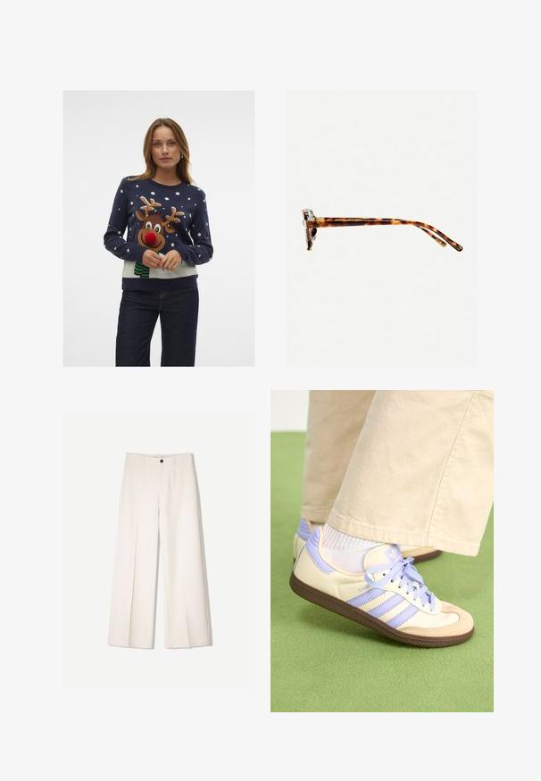 Tengerészkék pulóver, rénszarvas mintával, piros orral, zöld sállal és fehér hópehely mintákkal. Puha kötött anyag, bordás mandzsettával és alsó résszel.; Tejbézs széles lábú nadrág, szabott kialakítással, két elülső zsebbel és egyetlen elülső gombos záródással, sima anyagból készült.; Krém és levendula színű sportcipők három csíkkal és texturált barna talppal, fűzőkkel és párnázott sarokkal. Puha anyagú felsőrész.; Teknőc mintás napszemüveg vastag kerettel, enyhén ívelt oldalakkal és sima felülettel. Klasszikus dizájn jellemzi, fényes kivitelben.