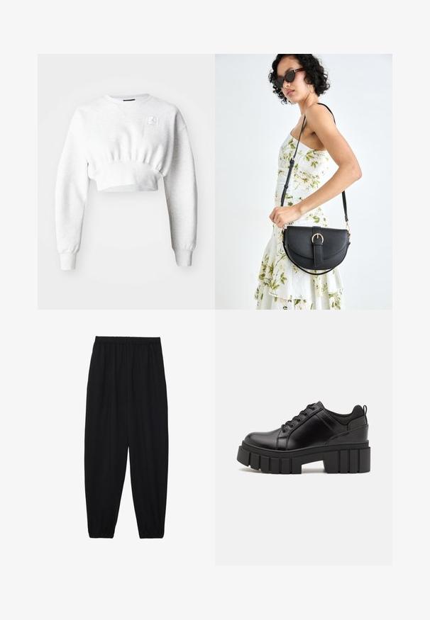 Skraćeni dukserica od svijetlosivog materijala s dugim rukavima, rebrastim rubom i malim logotipom na grudima. Glatka tekstura, ležeran dizajn.; Crne, lagane hlače s elastičnom stražnjom pasicom i naboranim gležnjevima. Tkanina je glatka i ima opušteni, suženi dizajn.; Crne kožne platforme s debelim blok-peta, okruglim prstima i klasičnim dizajnom vezanja. Imaju gladak tekstur i minimalne detalje.; Crna kožna torba s lukovitim oblikom, odvojivim remenom i zlatnim detaljima. Torba ima preklop s kopčom.