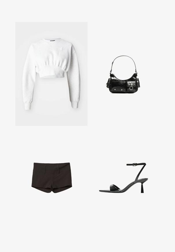 Zkrácená mikina v světle šedé barvě s dlouhými rukávy, žebrovaným lemem a malou nášivkou na hrudi. Hladká textura, neformální design.; Černé bavlněné šortky s přiléhavým střihem, charakterizované hladkým povrchem a dvěma předními kapsami. Středně vysoký pas a žádné nápadné vzory.; Bershka Sandály na vysokém podpatku - black; Černá lakovaná kožená kabelka s křivkovým tvarem, jedním ramenním popruhem, předními kapsami a stříbrnými kovovými detaily.