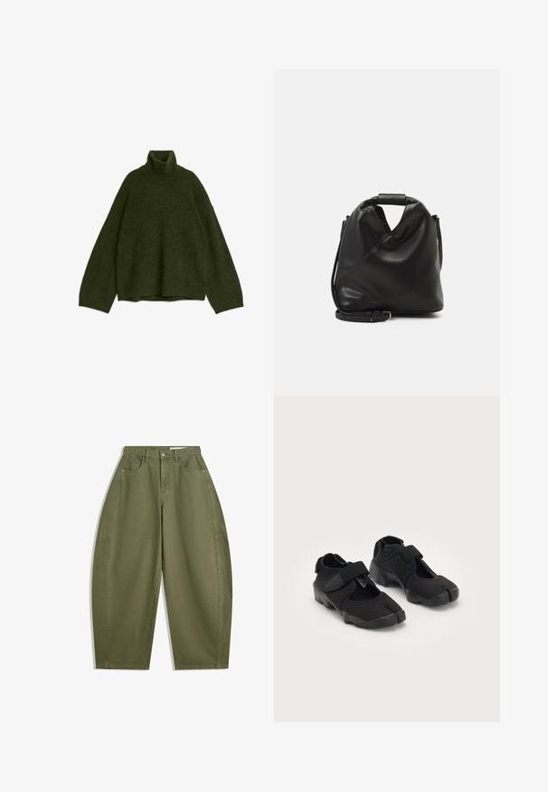 Green turtleneck sweater made from a soft, fuzzy fabric. Features a relaxed fit and oversized sleeves, with a ribbed collar and hem.; Long-sleeve white cropped t-shirt, made of soft fabric, features a round neck and relaxed fit with cuffed sleeves. Simple and clean design.; Olive green wide-leg pants made of cotton, featuring a high waist, front pockets, and a smooth texture. No embellishments or patterns.; Black water shoes made of flexible fabric with a Velcro strap, featuring a unique split-toe design and textured rubber sole for grip.; Black, soft leather bag with a unique twisted design. Features a short handle and a detachable shoulder strap. Minimalist style.