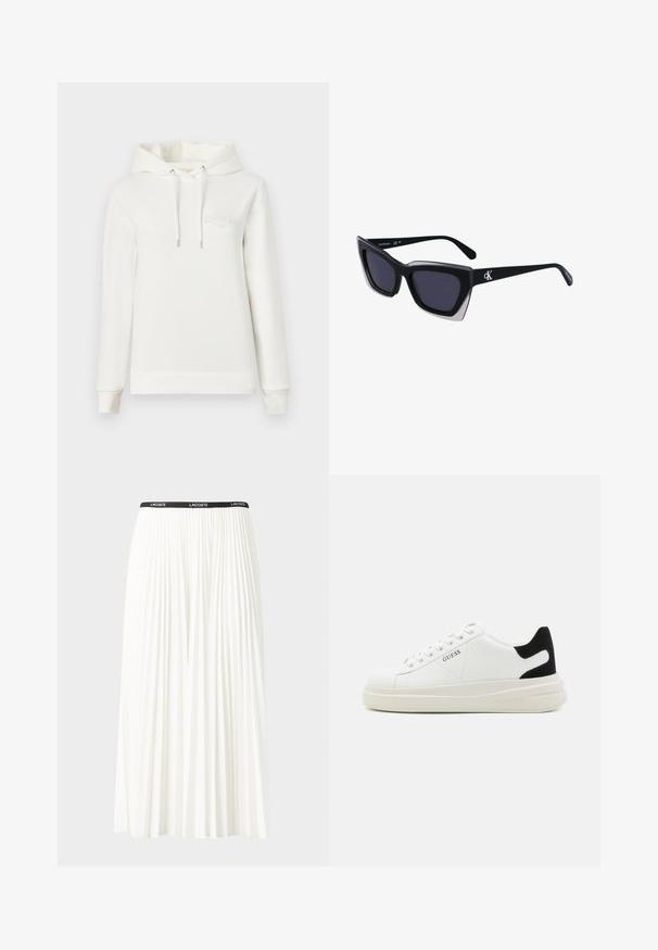Felpa bianca con cappuccio, maniche lunghe e tasca anteriore. Presenta un logo stampato sul petto e coulisse regolabili. Texture morbida.; Gonna bianca plissettata con elastico nero in vita che presenta il logo "LACOSTE". Design di lunghezza media con texture morbida.; Sneaker bianchi in pelle con suola spessa bianca, accento in suede nero sul tallone e logo impresso sul lato. Design con lacci e sei fori per i lacci.; Occhiali da sole oversize neri dalla forma geometrica, con lenti scure e un dettaglio grigio a contrasto sulla montatura. Logo sul braccio.