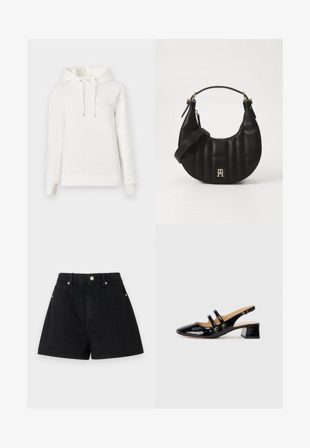 Witte hoodie met een capuchon, lange mouwen en een voorkantzak. Heeft een reliëflogo op de borst en verstelbare koordjes. Zachte textuur.; Zwarte denim shorts met een hoge taille, vijf zakken, zilverkleurige hardware en een standaard pasvorm, met een gladde textuur en een nette afwerking.; Zwarte patenten leren slingback schoenen met een spitse neus, twee bandjes, gouden ronde accenten en een lage blokhak.; Zwarte leren handtas met een gebogen vorm, gevoerd textuur en gouden hardware. Beschikt over een afneembare schouderband en logo-detail.