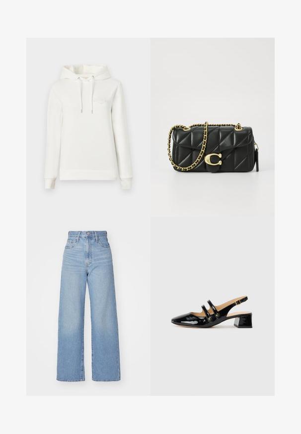 Weißer Kapuzenpullover mit Kapuze, langen Ärmeln und einer Fronttasche. Ausgestattet mit einem geprägten Logo auf der Brust und verstellbaren Kordeln. Weicher Stoff.; Hellblaue High-Waist-Weite-Leg-Jeans mit Knopf- und Reißverschluss vorne, Vorder- und Rückentaschen, auf weißem Hintergrund.; Schwarzer lacklederner Slingback-Schuh mit spitzem Zehenbereich, zwei Riemendetails, goldenen runden Akzenten und niedrigem Blockabsatz.; Schwarze, gesteppten Lederhandtasche mit einer goldfarbenen Kettenriemen und einem Drehverschluss, der mit einem runden Akzent verziert ist. Kompakte rechteckige Form.
