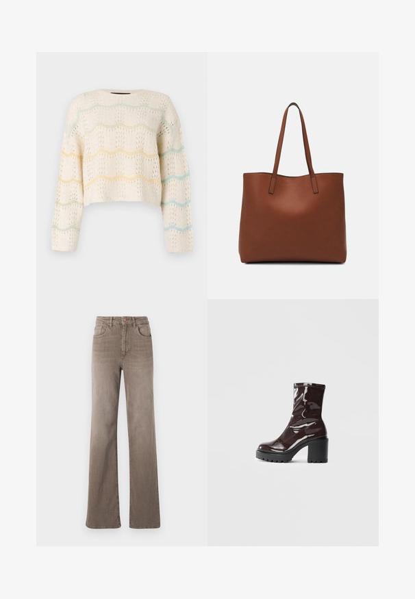 Heklet hvit genser med en avkortet design, som har bølgende pastellstriper i gul, grønn og blå. Åpen strikketekstur. Lange ermer.; Brune høy midje rette jeans med frontknapp, beltesløyfer og klassisk fem-lomme design på hvit bakgrunn.; Glinsende burgunder ankelstøvel med en kraftig svart hæl, med en glatt tekstur og enkelt design. Ingen synlige lukkinger eller mønstre.; Brun lær tote veske med en jevn tekstur, åpen toppdesign og to skulderstropper. Har minimal søm og ingen synlige spiker.