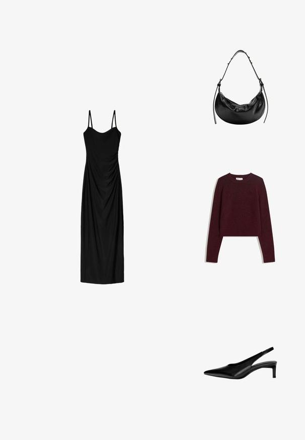 Burgundi színű, rövidített pulóver puha anyagból, hosszú ujjakkal, bordázott nyakkivágással és bordázott szegéllyel. Egyszerű, egyszínű design.; Fekete midi ruha vékony, állítható pántokkal, amely drapált designnal és sima textúrával rendelkezik. Nincsenek látható minták vagy díszítések.; Fekete bőr pánt nélküli cipő hegyes orral, alacsony talppal és oldalsó kivágásokkal. Sima textúrájú, elegáns megjelenésű.; Fekete bőr kézitáska félhold alakban, sima textúrával és állítható pánttal, diszkrét fém részletekkel. A cipzáras zárás jól látható.
