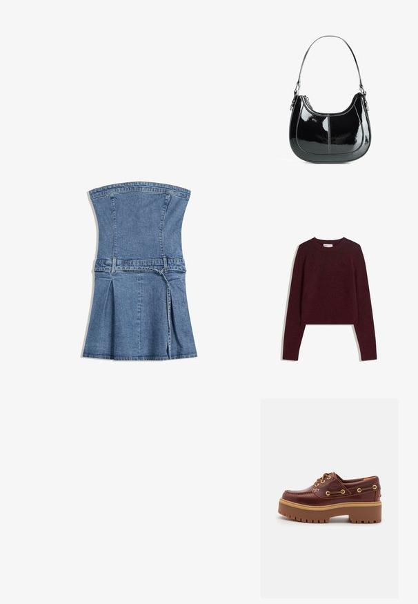 Burgundský zkrácený svetr vyrobený z měkké tkaniny, s dlouhými rukávy, žebrovaným výstřihem a žebrovaným lemem. Jednoduchý, jednobarevný design.; Denimové šaty se strukturovaným korzetem, modré barvy, s rozšířenou sukní a skladovaným detailem. Obsahují nastavitelné páskové zapínání a zip.; Hnědé kožené boty na lodi s robustní hnědou gumovou podrážkou, zlatými očky a kontrastním prošíváním. Na boku se nachází logo.; Černá lakovaná kožená kabelka s zakřiveným designem, zipovým uzavřením a jedním ramenním popruhem, který má stříbrné kování a akcenty prošívání.