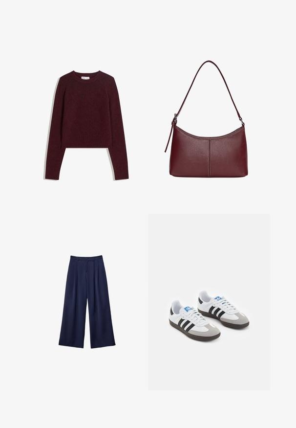 Burgundy cropped sweater made of soft fabric, featuring long sleeves, a ribbed neckline, and ribbed hem detailing. Simple, solid design.; Navy blue wide-leg trousers with pleats, buttoned waistband, and belt loops, shown flat on a white background.; Sport shoes with a white leather upper, gray suede toe, and three black stripes. Features a blue logo on the tongue and a textured rubber sole.; Maroon leather handbag with a curved shape, a single shoulder strap, and stitched detailing at the center. Smooth texture, minimal hardware.