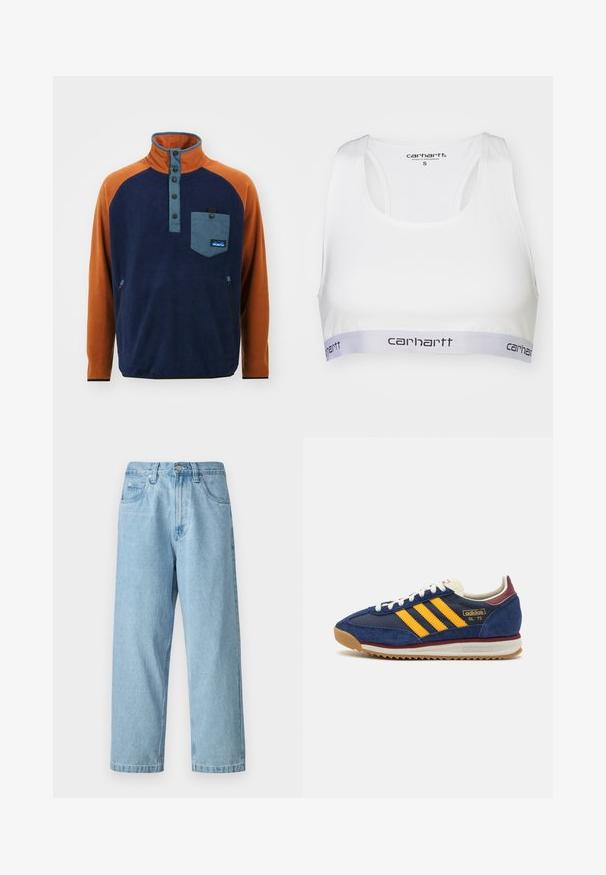 KAVU TEANNAWAY - Felpa in pile - atlantic shoreline; Bra sportivo bianco con tessuto liscio, design a dorso scoperto e una banda elastica grigia con il logo Carhartt in nero. Taglia piccola.; Jeans in denim azzurro chiaro con vita alta, taglio dritto, cinque tasche, chiusura con bottone in metallo e una texture leggermente sbiadita.; Sneaker in suede blu navy con strisce gialle, lacci bianchi e dettagli bordeaux. Suola testurizzata con scanalature per una maggiore aderenza. Logo del brand sul lato.