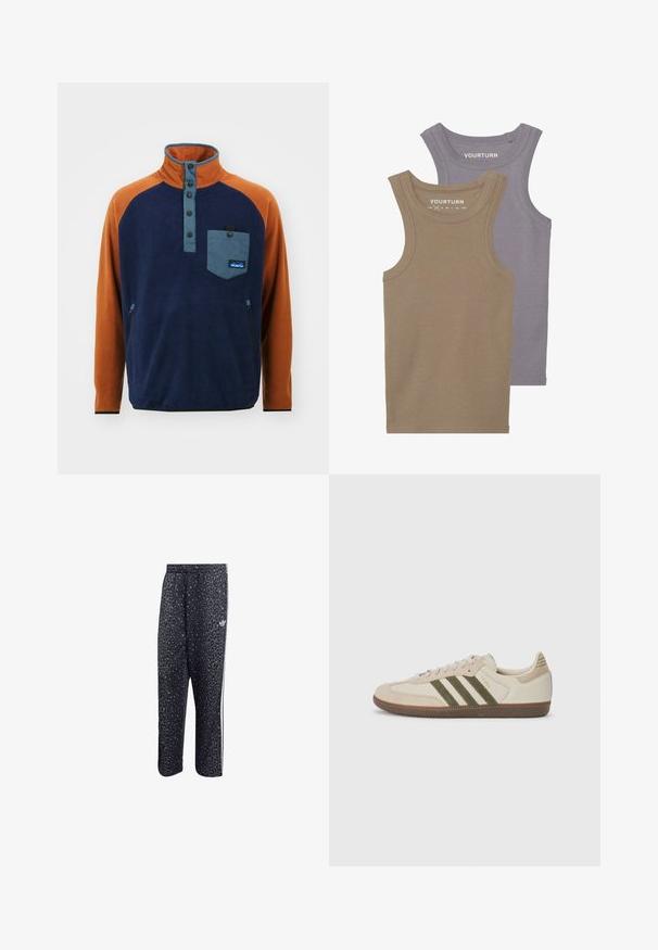 KAVU TEANNAWAY - Suéter de forro polar - atlantic shoreline; Dos camisetas sin mangas de suave algodón. Una es de color marrón claro y la otra es de un gris lavanda, con textura acanalada y cuellos redondos.; Pantalones deportivos negros con un patrón de leopardo, con un diseño de tres rayas blancas y un logo de marca deportiva en el lateral.; adidas Originals SAMBA OG UNISEX - Zapatillas - alumina/medium dark khaki/gum