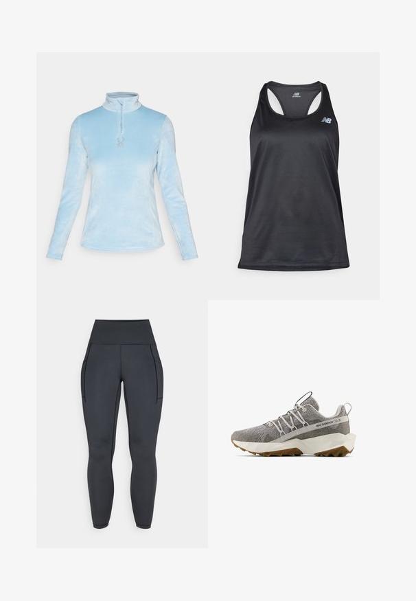 Spyder SHIMMER BUG 1/2 ZIP - Vesta od flisa - blue drift; Crni atletski majica bez rukava izrađena od lagane tkanine, s dizajnom u stilu trkača, ravnim šavovima i logotipom New Balance u sivoj boji na gornjem lijevom dijelu.; Visoke crne tajice od rastezljivog, glatkog materijala. Imaju dva bočna džepa i kontrastne šavove uz rubove.; Sive New Balance tenisice s teksturiranim gornjim dijelom od pletenine, bijelim geometrijskim potplatom, smešim gaznim slojem, elastičnim vezicama i petljama na jeziku i peti.