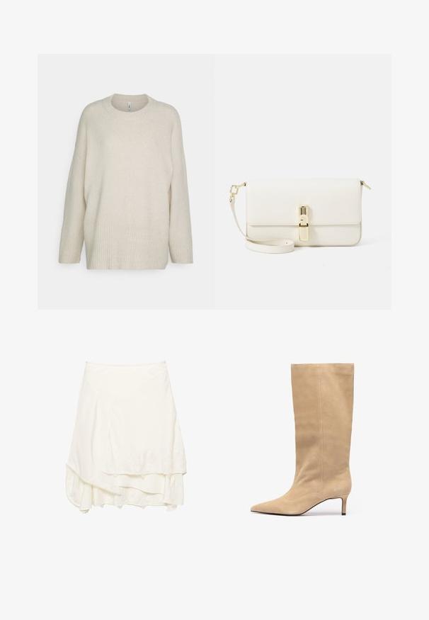 Maglione color crema in morbido tessuto a maglia, con orlo e polsini a costine, scollatura rotonda e una vestibilità ampia e rilassata.; Gonna avvolgente bianca con design a strati, caratterizzata da dettagli in pizzo testurizzato lungo l'orlo, tessuto morbido e una silhouette fluida.; Stivale al ginocchio in suede beige con punta affusolata e tacco sottile. Presenta cuciture verticali lungo il gambale per un tocco di dettaglio in più.; Borsa a tracolla bianca in pelle con finitura testurizzata, forma rettangolare, chiusura in metallo dorato e tracolla removibile.
