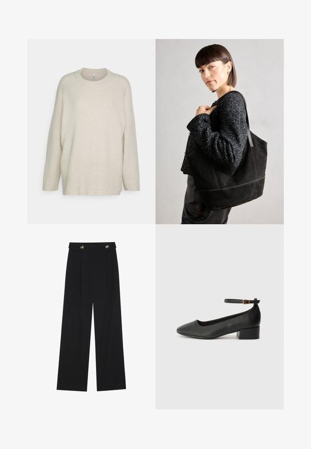 Cream-colored sweater in soft knit fabric, featuring a ribbed hem and cuffs, round neckline, and a loose, relaxed fit.; Black wide-leg trousers with high waist, button details on waistband, and front pleats.; Black leather pump with a pointed toe and a low block heel. Features an ankle strap with a gold-tone buckle. Smooth texture.; Black suede tote bag with a smooth texture, structured shape, and contrasting stitching. Features long straps for shoulder carry.