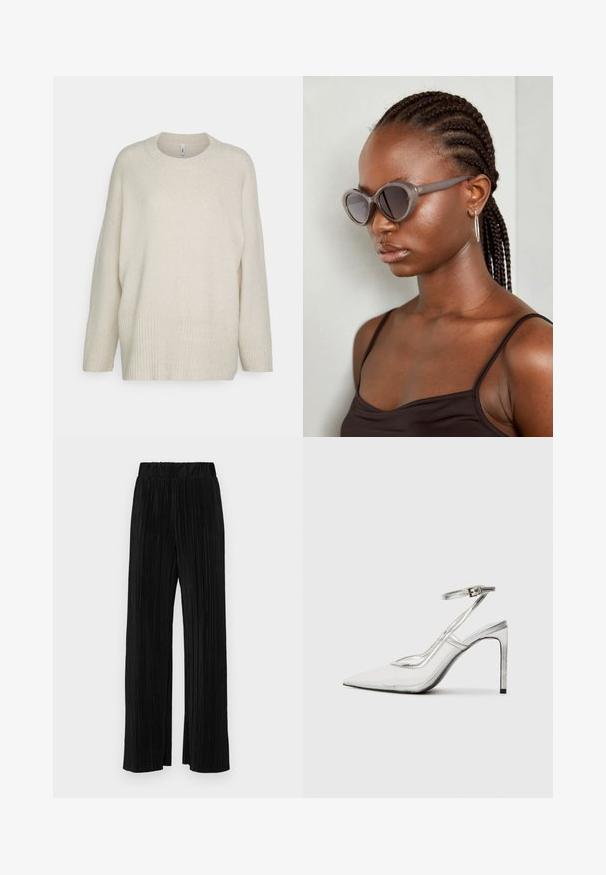 Kremfarget genser i myk strikket stoff, med ribbestrikket nederkant og mansjetter, rund hals og en løs, avslappet passform.; Sorte plisserte bukser med elastisk midje. Har vide ben og et glatt, strukturert stoff med vertikale striper.; Klare stiletthæl sko med spids tå, gennemsigtigt materiale, metallisk sølvdetaljer og justerbar ankelrem.; Grå, overdimensjonerte solbriller med rund form og mørke linser. Slank plastikkramme med glatt overflate. Modellen har flette.