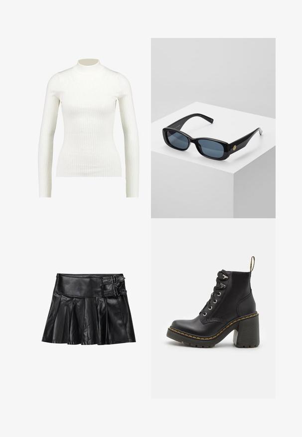 Maglia a maniche lunghe bianca, a coste, con un design aderente e una texture liscia, caratterizzata da un collo alto e una silhouette snella.; Gonna in pelle nera con pieghe, cintura ampia e due dettagli con fibbia ai lati. Texture liscia con una finitura lucida.; Stivaletto in pelle nera con tacco alto chunky, lacci frontali, occhielli in metallo e cuciture gialle lungo la suola. Suola in gomma testurizzata.; Occhiali da sole neri rettangolari con lenti blu oscurate, montatura spessa e un accento circolare dorato di lato. Finitura elegante e lucida.; Borsa borgogna realizzata in materiale sintetico con un design strutturato, dotata di tracolla removibile e un foulard a motivi floreali legato al manico.