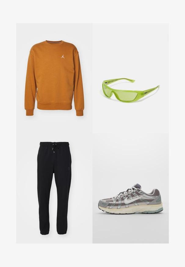 Jordan CREW - Sweatshirt - desert bronze/white; Pantalons de survêtement noirs avec une taille élastique et un cordon de serrage ajustable, présentant des chevilles côtelées et un logo discret sur le côté.; Chaussure de sport grise avec une tige en mesh et en daim, accents blancs, semelle rembourrée et un design distinctif avec des éléments réfléchissants.; Lunettes de soleil vertes avec un design élégant et enveloppant. Fabriquées en plastique léger, elles sont dotées de verres teintés et d'un branding subtil sur les tempes.; Collier en métal argenté à trois couches présentant des chaînes flexibles et élégantes avec un léger éclat, sécurisé par un fermoir en forme de homard et une chaîne ajustable.
