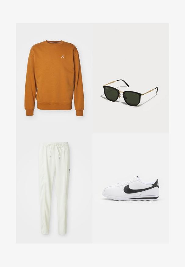 Jordan CREW - Melegítőfelső - desert bronze/white; Fehér, slim fit szabású sportnadrág, elasztikus derékkal és húzózsinórral, oldalsó varrás részletekkel és egy kis fekete folttal a jobb lábon.; Fehér bőr sportcipők fekete Nike swoosh-szal, lapos fűzős rögzítéssel és texturált gumitalppal. Lekerekített orr és párnázott boka rész a kényelem érdekében.; Fekete macskaszem napszemüveg zöld lencsékkel, arany fém díszítéssel és karcsú fekete szárakkal. Textúrázott keret merész, geometrikus mintával.