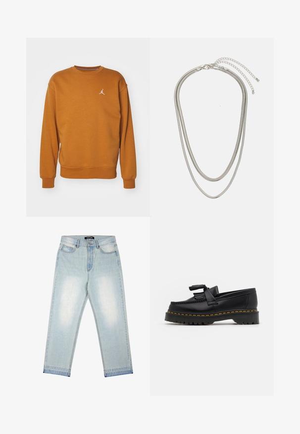 Jordan CREW - Pusa - desert bronze/white; Pegador BARROW - Loose fit teksad - sand washed blue; Mustmust musta loafer, millel on frantsiisi aktsent, paks must tald ja kollane õmblus servas. Tekstuuriga viimistlus.; Kolmekihiline hõbedane metallkaelakee, mis on valmistatud peentest, paindlikest kettidest kerge läikega, kinnitatud krabi sulguri ja reguleeritava ketiga.