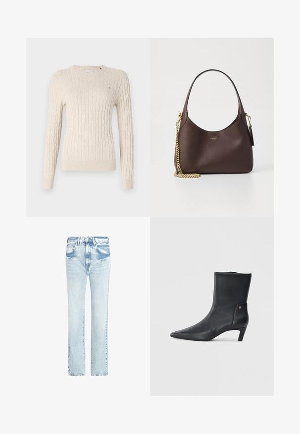 Bezs színű, kötött pulóver kerek nyakkivágással, hosszú ujjakkal és bordázott mandzsettákkal. Az elején egy apró logó részlet található.; Világoskék farmernadrág egyenes lábakkal, öt zsebbel és elhalványult textúrával. Látható varrásokkal és klasszikus gombos záródással rendelkezik.; Fekete bőr bokacsizma, hegyes orral és alacsony sarkal. Simító felület jellemzi, oldalán egy kis arany logóval.; COACH BROOKLYN SHOULDER BAG 23 - Kézitáska - maple