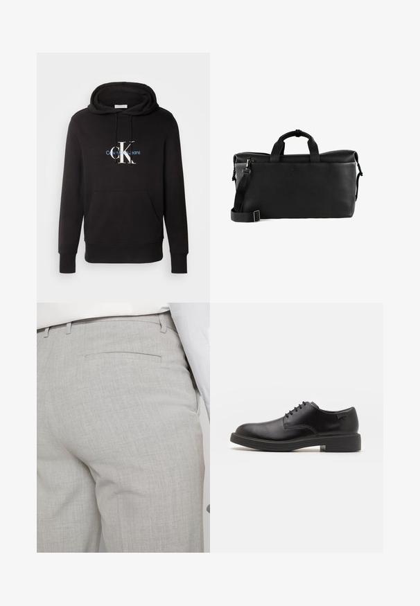 Felpa nera realizzata in materiale morbido con tasca frontale. Presenta un grande logo "CK" bianco e blu e il testo "Calvin Klein Jeans".; Pantaloni sartoriali grigio chiaro realizzati in tessuto strutturato, con una tasca posteriore singola e cuciture pulite.; Scarpa nera in pelle con lacci, punta tonda, texture liscia, cuciture minime e tacco in gomma basso. Logo sul tacco.; Borsa da viaggio in pelle nera con superficie testurizzata, manici doppi, tracolla regolabile e chiusura superiore con zip. Semplice dettaglio del logo sulla parte anteriore.