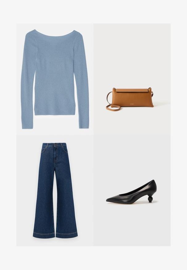 Vaaleansininen ribbikuvioinen neulepaita pitkillä hihoilla ja leveällä pääntiellä, valmistettu pehmeästä kankaasta, jossa on sileä pinta. Ei kuvioita tai koristeita.; Siniset farkut leveällä lahkeella ja korkealla vyötäröllä, jossa on nappikiinnitys, vyölenkit sekä huomaamattomat tikkaus yksityiskohdat taskuissa ja lahkeissa.; Musta nahkakengät korkealla korolla, joissa on terävä kärki ja pyöreä, pallomainen korko. Sileä pinta ja tyylikäs, minimalistinen muotoilu.; Ruskea nahkainen clutch-laukku, suorakulmainen muoto, teksturoidu pinta, irrotettava hihna, vetoketjusulku, hillitty logo painettuna etupuolelle.