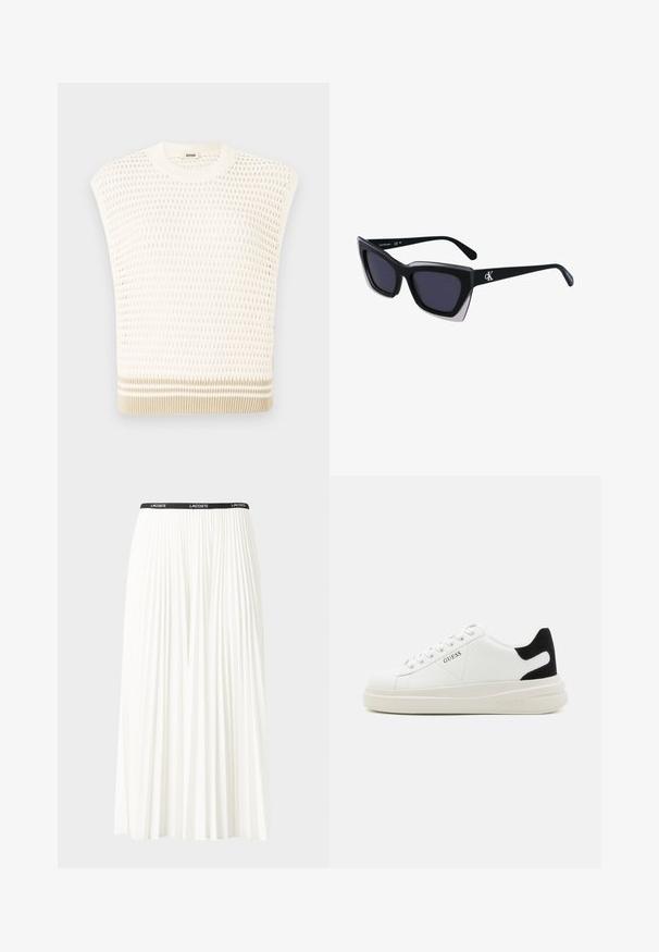 Top senza maniche lavorato a maglia in crema con un motivo testurizzato. Presenta un collo rotondo e un orlo a strisce beige. Design traspirante e leggero.; Gonna bianca plissettata con elastico nero in vita che presenta il logo "LACOSTE". Design di lunghezza media con texture morbida.; Sneaker bianchi in pelle con suola spessa bianca, accento in suede nero sul tallone e logo impresso sul lato. Design con lacci e sei fori per i lacci.; Occhiali da sole oversize neri dalla forma geometrica, con lenti scure e un dettaglio grigio a contrasto sulla montatura. Logo sul braccio.