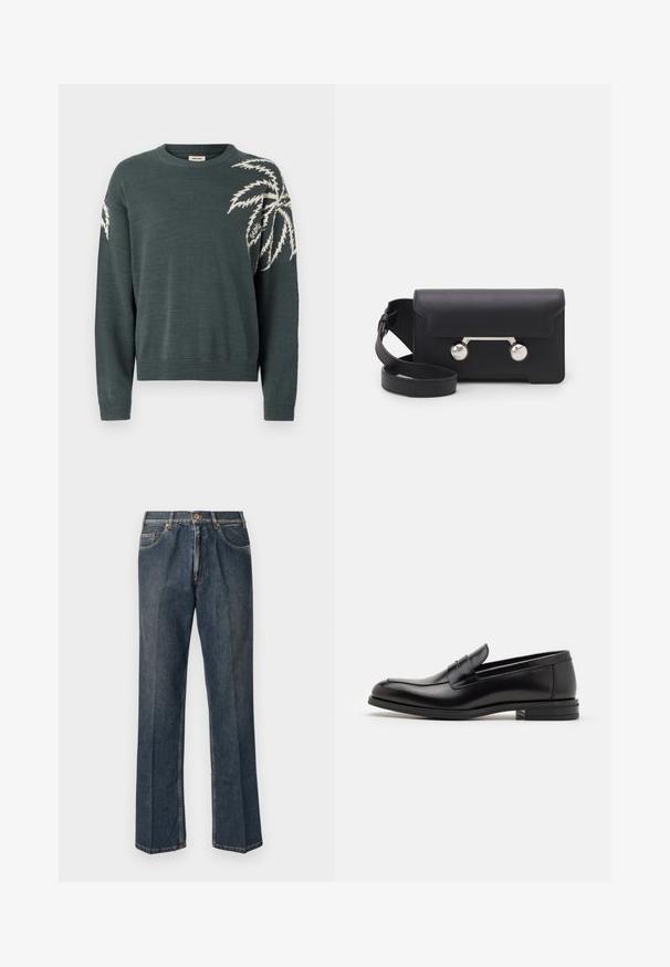 Ciemnozielony sweter z okrągłym dekoltem, z białym wzorem liścia palmy na lewym rękawie. Sznurówki na mankietach i u dołu. Miękka tekstura.; Granatowa koszulka z krótkim rękawem z białym napisem "neanche per sogno" umieszczonym na środku klatki piersiowej, okrągły dekolt, rozmiar średni.; Ciemnoniebieskie dżinsy prostego kroju z przodu na guzik, z suwakiem, podwójnymi kieszeniami z przodu oraz widocznymi pionowymi zmarszczeniami na nogawkach.; Czarne skórzane mokasyny o gładkiej fakturze, zaokrąglonym nosku i dekoracyjnym pasku na przodzie. Niski, warstwowy obcas, minimalistyczny design.; Czarna skórzana torba na ramię z klapką, z metalowymi elementami w srebrnym kolorze i dwoma okrągłymi akcentami. Posiada odczepiany pasek. Gładka faktura.