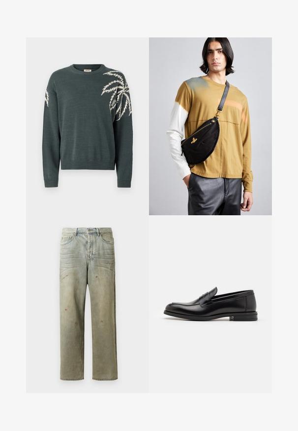 Tumedat rohelised sviitrid ümmarguse kaelusega, millel on vasakul varrukal valge palmilehe disain. Ribidega mansetid ja ääreosa. Pehme tekstuur.; Karmiinroheline kulunud denim teksapüksid, millel on sirge jalg, viie taskuga disain ning ebaühtlane pleekimine koos värvikrõpsudega.; Mustad mustad nahast loafers sileda tekstuuriga, ümarat ninaosa ja dekoratiivne riba vampi üle. Madal kihiline konts, minimalistlik disain.; Vivienne Westwood CITY BUMBAG UNISEX - Puusakott - black