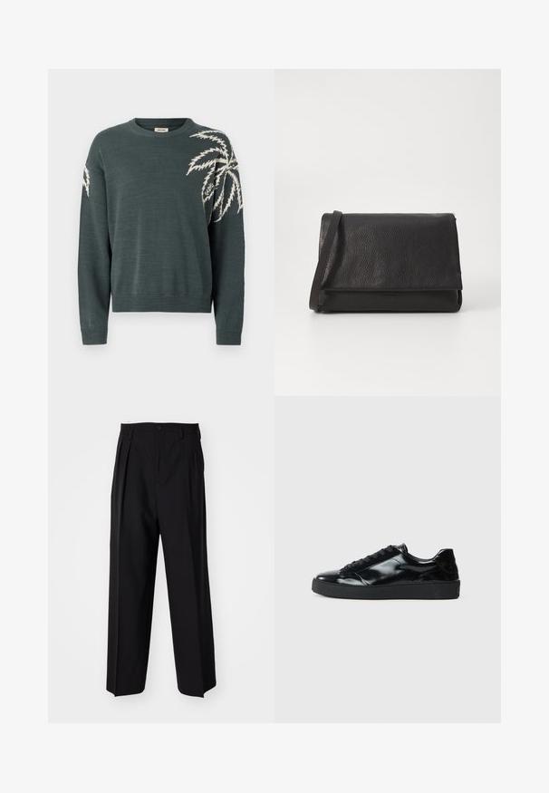 Dark green sweater with a round neckline, featuring a white palm leaf design on the left sleeve. Ribbed cuffs and hem. Soft texture.; Black pleated trousers with a straight, wide-leg design. Made from smooth fabric, featuring a button closure and belt loops.; Black patent leather sneakers with a rounded toe, lace-up design, textured rubber sole, and a smooth finish.; Black leather clutch bag with a textured exterior, a fold-over flap, and a slim shoulder strap, featuring minimalist design and no visible hardware.