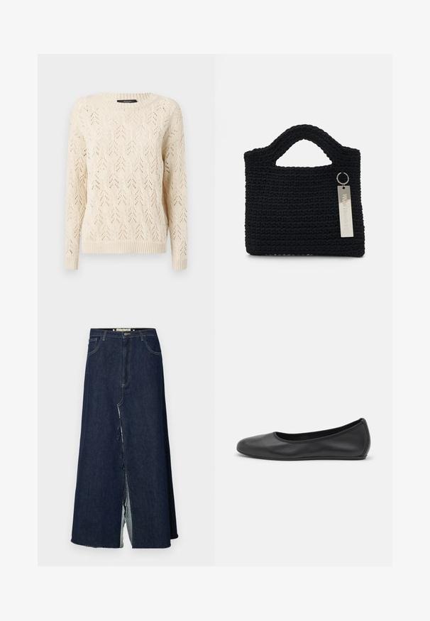 WEEKEND MaxMara TERAMO biały; Długa spódnica z ciemnoniebieskiego dżinsu z rozcięciem z przodu. Posiada tradycyjny pięciokieszeniowy krój oraz widoczne akcenty w postaci przeszyć. Doły są postrzępione.; Czarne skórzane baletki z zaokrąglonym noskiem, gładką fakturą, minimalnymi przeszyciami i elastycznym designem podeszwy.; Won Hundred MARSIELLE UNISEX czarny