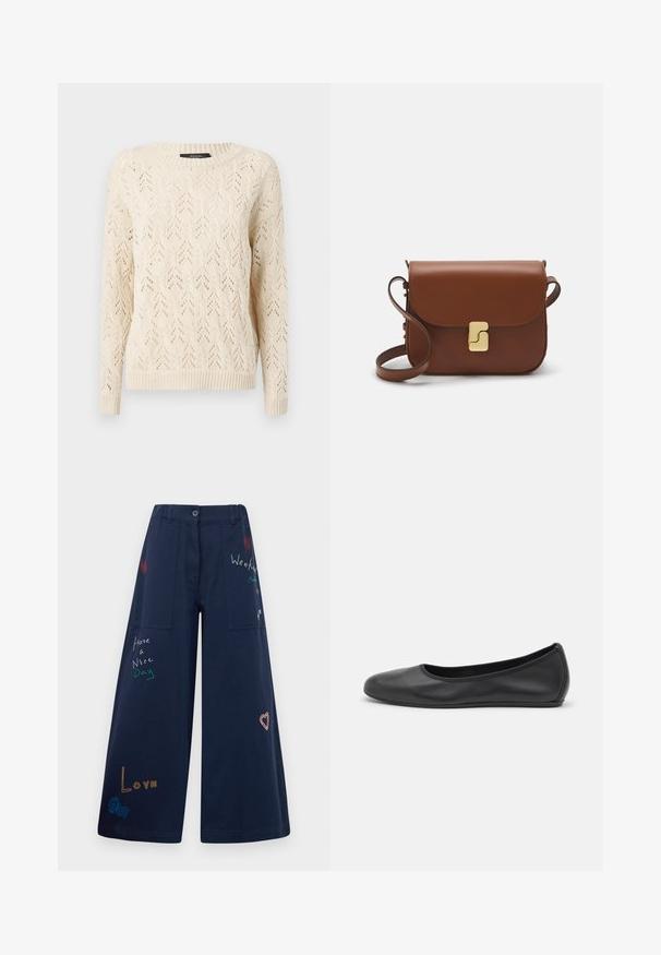 WEEKEND MaxMara TERAMO - Strickpullover - ecru; Navyblaue weite Baumwollhosen mit mehreren Taschen. Enthält farbenfrohe gestickte Texte und Grafiken, darunter Herzen und verspielte Phrasen.; Schwarze Leder-Ballettschuhe mit abgerundeter Spitze, glatter Textur, minimalen Nähdetails und einem flexiblen Sohlen-Design.; Braune Ledertasche mit Klappenverschluss, Beschlägen in Goldfarbe, einem Schultergurt und einer glatten Oberfläche. Kompakte rechteckige Form.