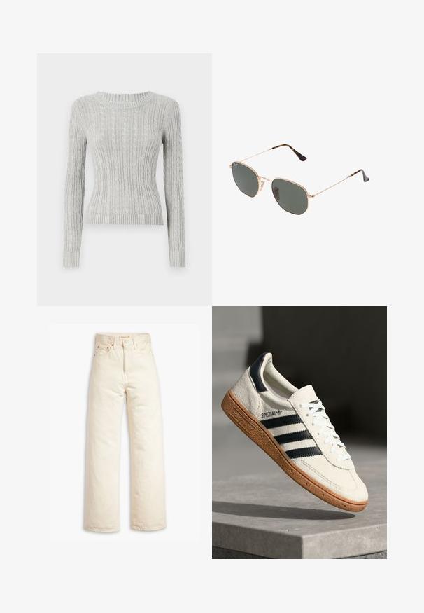 Hollister Co. EMEA ICON - Džemperis - grey; Šviesiai rudos plačių kojų džinsai, pagaminti iš medvilnės džinsinio audinio. Ypatybės: aukštas liemuo, mygtuko užsegimas ir penkių kišenių dizainas. Lygus, ilgaamžis audinys.; Baltos odinės sportinės bateliai su tamsiai mėlynomis juostelėmis, guminis padas, tekstūruotas viršus, apvalus nosis ir šnervės; turi prekės ženklą šone ir ant liežuvėlio.; Auksiniai metaliniai akiniai nuo saulės su tamsiai žaliomis lęšiais, aviator tipo, su siaurais rėmeliais ir kilpiniu akmeniu ant galiukų.; Juodas siuvinėtas dirbtinės odos krepšys su grandinine juostele, kuriame yra šešiakampis raštas ir dekoratyvinis sparnų detalė priekyje.