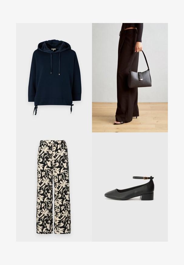 Tumši zils kapucis džemperis ar brīvu piegriezumu, auklu ap kaklu un sānu saites. Izgatavots no mīksta auduma ar gludu, teksturētu virsmu.; Melnas īsām piedurknēm topiņš, izgatavots no gludas materiāla, ar pepluma dizainu un jostu ar divām apaļām sudraba krāsas pogām.; Melni platie bikses ar krēmkrāsas ziedu rakstu. Izgatavotas no viegla auduma, kuram ir gluda tekstūra un augsta jostasvietas daļa.; Melnas ādas sūkņi ar smailu purngalu un zemu bloku papēdi. Iezīmēts ar potītes siksniņu ar zelta krāsas sprādzi. Gluda tekstūra.; Melnā somiņa ar strukturētu formu, gludu tekstūru un metālu sprādzi. Saskaņota ar platām melnām biksēm un sandālēm ar atvērtu purngalu uz koka grīdas.