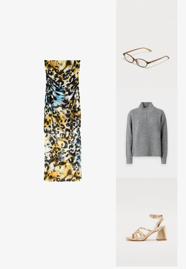 Grauer Strickpullover mit hohem Kragen, halbem Reißverschluss, gerippter Textur und langen Ärmeln. Mit einem runden goldenen Akzent am Reißverschluss.; Leopardmuster-Kleid aus weichem, leichtem Stoff. Verfügt über Raffung, überwiegend gelb mit schwarzen und blauen Akzenten. Gerade Form.; Goldfarbene, metallisch glänzende Sandalen mit Absatz, die über ein verführerisches Riemen-Design, einen quadratischen Blockabsatz und einen verstellbaren Knöchelriemen mit Schnalle verfügen. Glatte Textur.; Braune Schildpatt-Brille mit ovalen Gläsern, dünnen Bügeln und transparenten Akzenten. Verfügt über ein dezentes Logo am Bügel. Elegantes, leichtes Design.; Goldfarbene metallische Handtasche mit strukturiertem Design, glatter Textur und verstellbarem Tragegurt. Sie verfügt über eine einzigartige dreieckige Form und minimalistische Nähte.