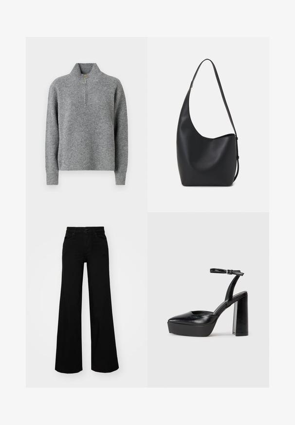 Grey knit sweater with a high collar, half zipper, ribbed texture, and long sleeves. Features a circular gold accent at the zipper.; Black wide-leg pants made of denim, featuring a structured waistband, belt loops, and front pockets. Smooth texture with a classic design.; Black platform heels with a pointed toe and adjustable ankle strap. Constructed from smooth leather, featuring a chunky block heel.; Black leather hobo bag with a smooth texture, curved shape, and single adjustable strap; features a wide opening at the top.