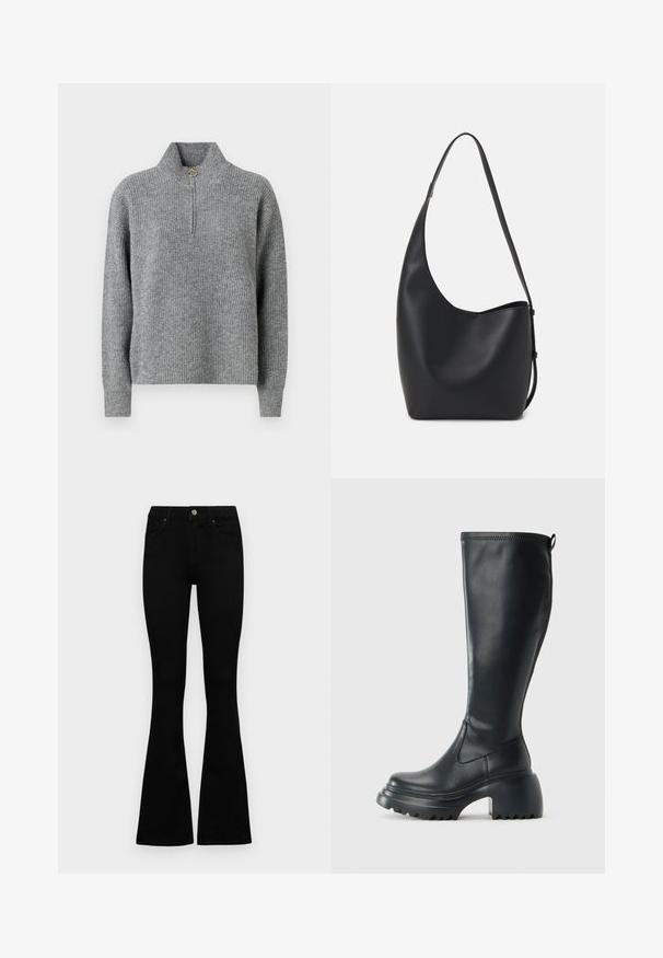 Maglione grigio a maglia con colletto alto, mezzo zip, texture a coste e maniche lunghe. Presenta un accento circolare dorato sulla zip.; Jeans neri a vita alta con chiusura a bottoni e zip, tasche frontali e gambali svasati, distesi su uno sfondo bianco.; Stivale lungo in pelle nera con suola piatta robusta e tacco a blocco, dotato di linguetta e battistrada testurizzato sulla suola.; Borsa hobo nera in pelle con una superficie liscia, forma curvata e una singola tracolla regolabile; presenta un'ampia apertura nella parte superiore.