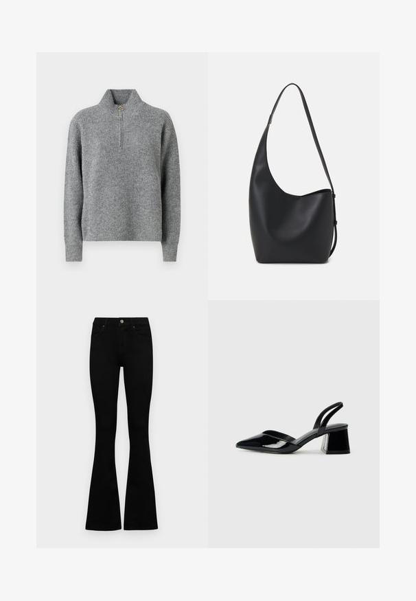 Grauer Strickpullover mit hohem Kragen, halbem Reißverschluss, gerippter Textur und langen Ärmeln. Mit einem runden goldenen Akzent am Reißverschluss.; Schwarze hochtaillierte Jeans mit einem Knopf- und Reißverschluss, Fronttaschen und ausgestellten Beinen, flach auf einem weißen Hintergrund ausgelegt.; Schwarze Lackleder-Slingback-High Heels mit spitzem Schuh und einem geometrischen Blockabsatz. Verfügt über ein schlankes, minimalistisches Design und eine glatte Textur.; Schwarze Leder-Hobo-Tasche mit einer glatten Textur, geschwungener Form und einem einzelnen verstellbaren Tragegurt; verfügt über eine weite Öffnung am oberen Ende.