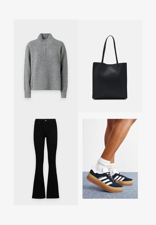 Suéter de punto gris con cuello alto, medio cierre, textura acanalada y mangas largas. Presenta un acento circular dorado en la cremallera.; Jeans negros de cintura alta con cierre de botón y cremallera, bolsillos frontales y piernas acampanadas, dispuestos sobre un fondo blanco.; Zapatillas deportivas de gamuza negra con rayas y detalles blancos, puntera redondeada, suela de goma color caramelo, combinadas con calcetines blancos acanalados a la altura del tobillo.; Bolso tote de cuero negro con textura lisa, forma rectangular y dos asas largas. Sin herrajes ni adornos visibles.