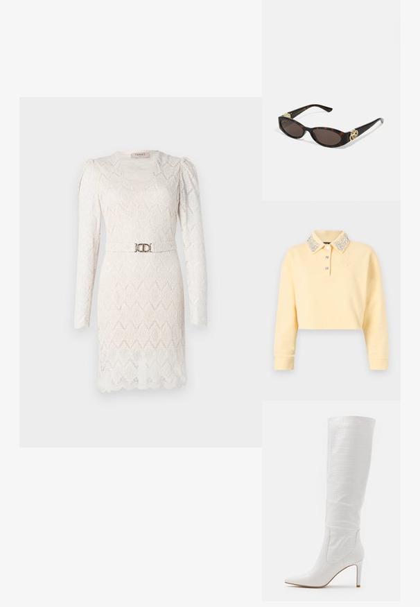 Felpa gialla tagliata con maniche lunghe, colletto decorato con bottoni e perline argentate, tre bottoni sul davanti e logo ricamato.; Abito in pizzo color avorio con maniche lunghe, scollatura a V e texture a motivo. Presenta una cintura tono argento in vita per dare risalto.; RAID TRIBUTE - Stivali con i tacchi - white; Occhiali da sole tartarugati con lenti ovali allungate, tonalità marrone, accenti dorati con logo sulle tempie e aste nere eleganti.; Anelli intrecciati in oro tono, sovrapposti insieme, caratterizzati da un design testurizzato con bordi lisci e curvi, creando un aspetto organico e fluido.