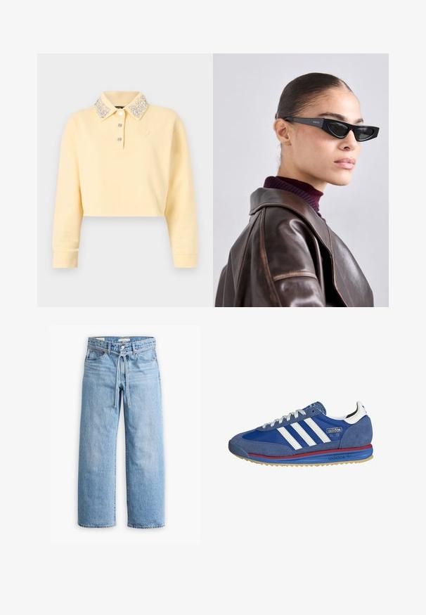 Afskåret gul sweatshirt med lange ærmer, udsmykket med en knappet krave med sølvperler, tre knapper foran og broderet logo.; Lyserød Adidas polo t-shirt med lodrette striber, en lilla krave, blå og gule detaljer samt nummeret "3" i lys blå på fronten.; Lysblå denim bukser med vid ben, høj talje, knap- og lynlåslukning samt snoretræk i taljen. Raflet kant.; Blå ruskinds sneakers med hvide striber, røde og blå accenter og en gummisål. Funktioner i tekstureret stof og et klassisk atletisk design.; Sorte katteøje solbriller med logo på stangene, båret af en model i en brun læderjakke og en lilla turtleneck, indendørs.
