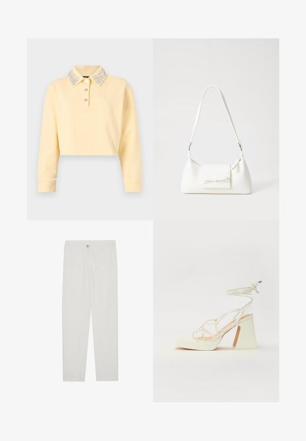 Cropped yellow sweatshirt with long sleeves, embellished buttoned collar featuring silver beads, three buttons down the front, and embroidered logo.; White, tailored trousers with a straight leg design, featuring a button closure, belt loops, and side pockets; smooth fabric texture.; White high-heeled sandal with a chunky heel, featuring a strappy design and ankle tie. Smooth texture with a platform front for added height.; White synthetic handbag with a triangular shape, flat front flap and bow detail, adjustable strap, smooth texture, and minimalistic design.
