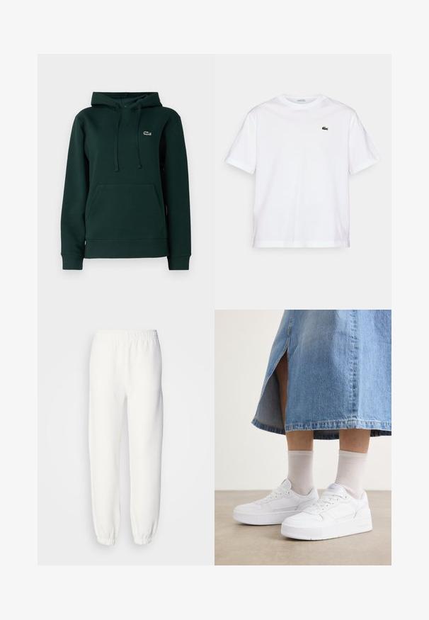 Lacoste Mikina s kapucí - sinople; Bílý bavlněný tričko s kulatým výstřihem a krátkým rukávem. Na hrudi se nachází zelený vyšitý logo. Měkká textura, uvolněný střih.; Bílé tepláky vyrobené z měkké pleteniny. Elastický pás a manžety zajišťují pohodlný střih. Minimalistický design, žádné viditelné vzory nebo akcenty.; Bílé tenisky s texturovanou kůží, s platformovou podrážkou, kulatou špičkou a šněrováním; doplněné o světle šedé ponožky a džínovou sukni.